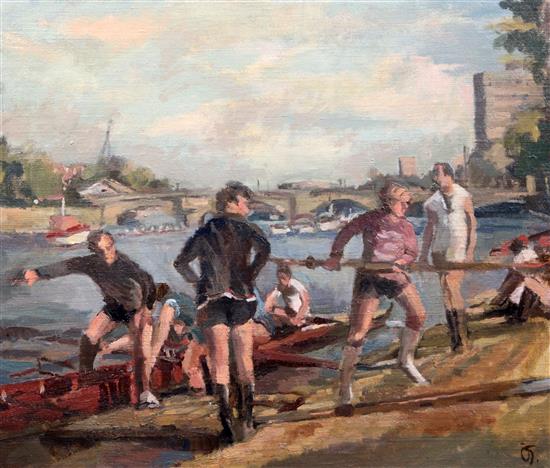 David Giffard (b.1932) Rowers on the shore 20 x 24in., unframed